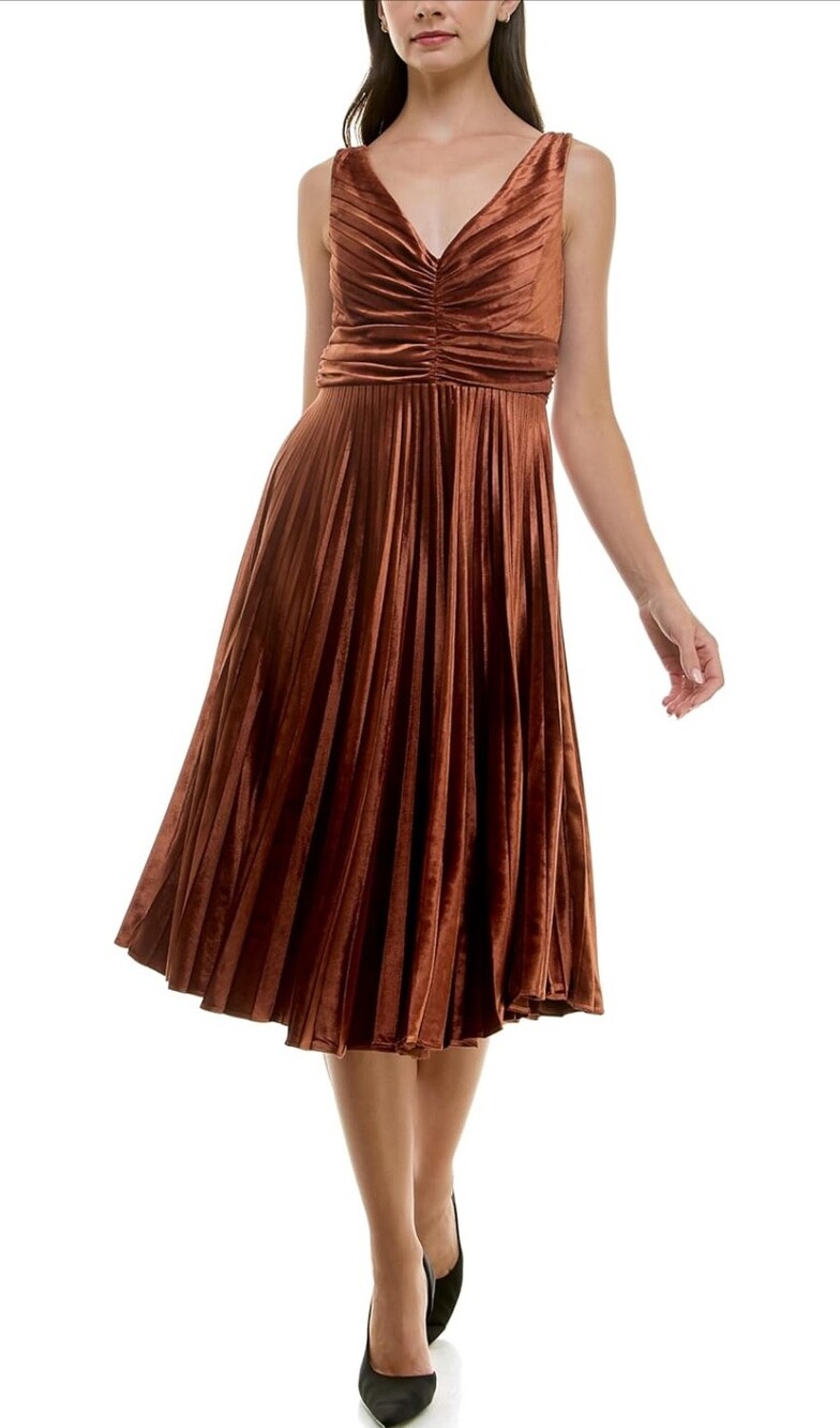 Maison Tara Women's Sleeveless Lux Velvet V-Neck Sunburst Pleat Midi Dress